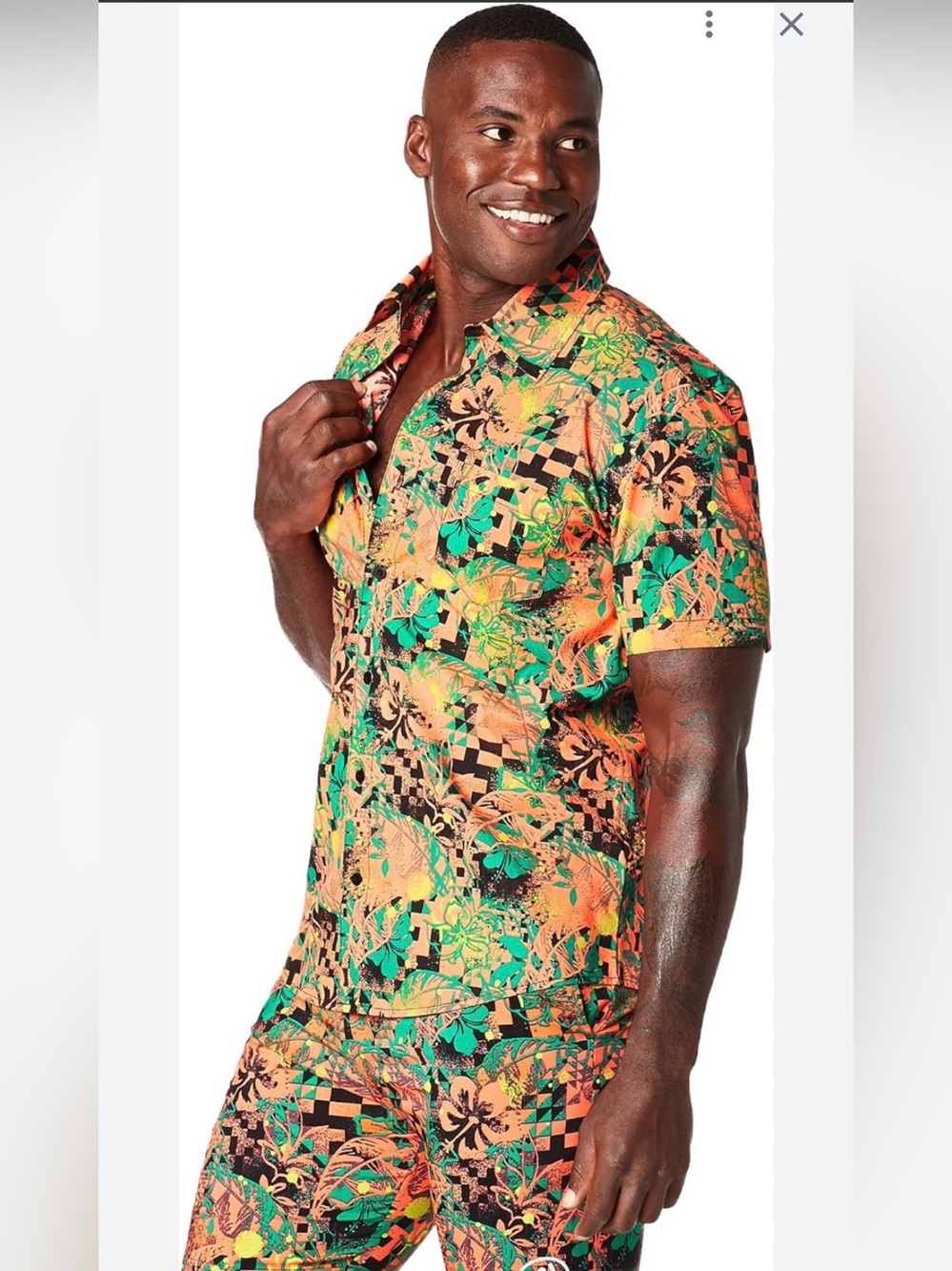 Zumba Fitness Men's Get Tropical Short Sleeve Button Up Men's Top and Shorts Set